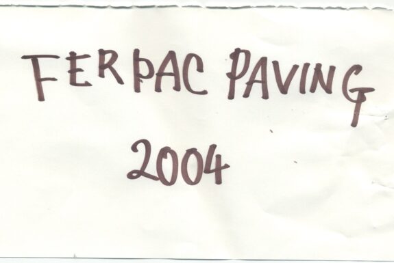 Notebook page from Step 2 with the words 'Ferpac Paving 2004' in thick black marker