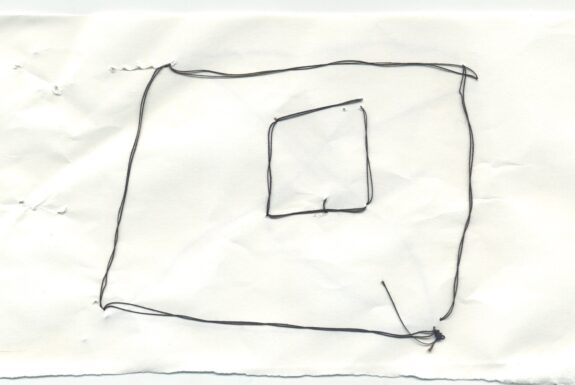 Notebook page from Step 2 with the outline of a rectangle with a square inside sewn in black thread