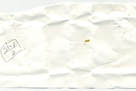 Unfolded notebook page from Step 2 with the words 'Step 2' in fine black ink, and some marks in gold.