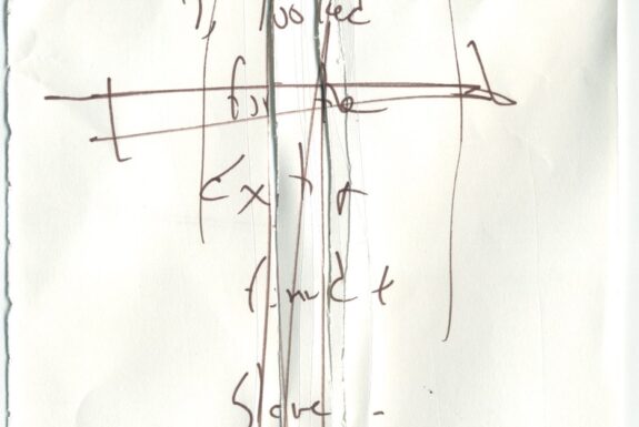 Notebook page from Step 2 with the words 'I looked for the exit, found a sleeve' in fine black ink, with a stick figure covering the words