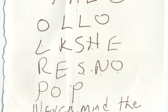 Notebook page from Step 2 with the words 'Mind the d ollo lkshe res no pop never mind the bullocks' written in fine black ink.