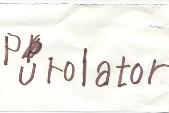 Notebook page from Step 2 with the word 'Purolator' in thick black marker. After the 'p', a second 'p' has been crossed out.