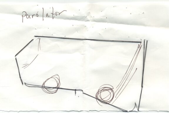 Notebook page from Step 2 with the word 'Purolator' in fine black ink. Below, the outline of a truck is sewn in black thread, with wheels and other details outlined in fine black ink.