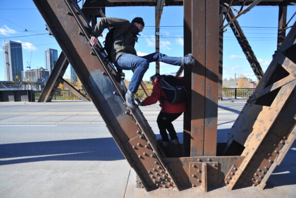 Sylvie Tourangeau with Simon Rabyniuk performing untitled at Bathurst St south of Front St W
