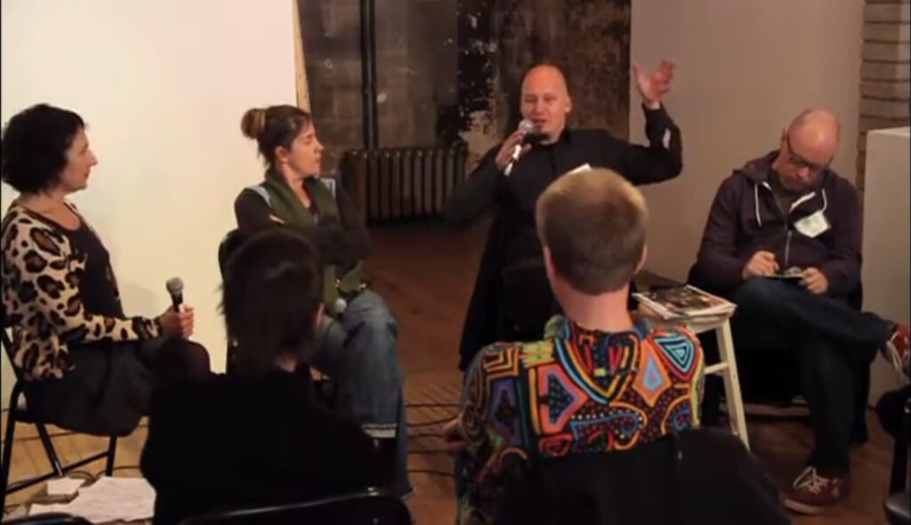 Jeffery Byrd, Helge Meyer, Gwendoline Robin and moderator Berenicci Hershorn speak at Performance Art Daily panel, October 22 2010
