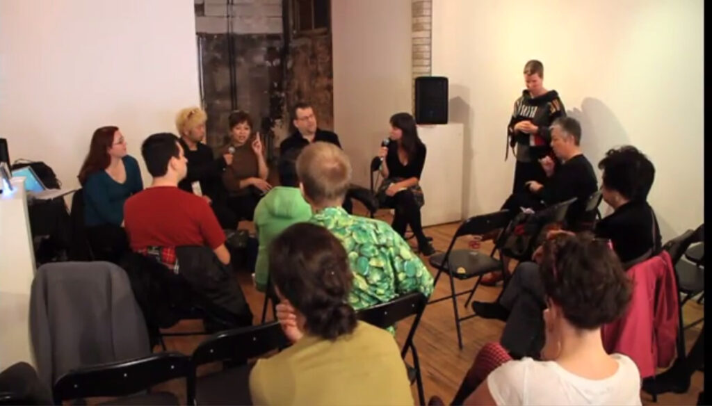 Jolanta Lapiak, Kaori Haba, Jürgen Fritz, moderator Laura Nanni and translators speak at Performance Art Daily panel, October 23 2010