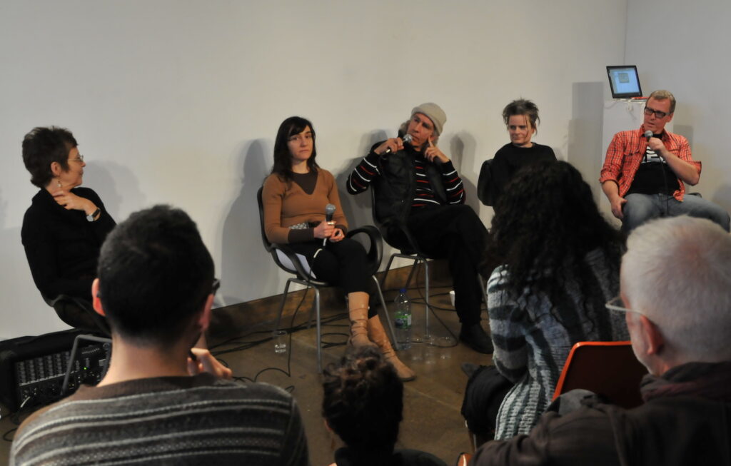 Moderator Johanna Householder, Victoria Stanton, Michael Fernandes, karen elaine spencer, Joakim Stampe speaking at Invaders of the Everyday?" panel October 31 2010