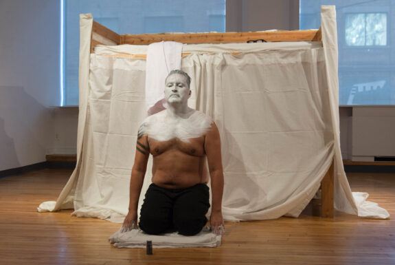 Adrian Stimson performing 150 Blows at OCAD U Graduate Gallery