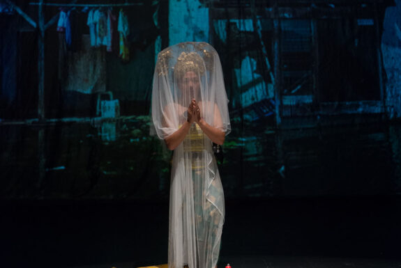 Arahmaiani performing Handle Without Care at the Theatre Centre