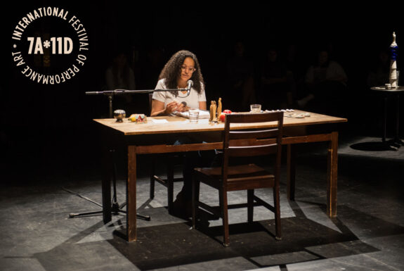 Erika DeFreitas performing nothing ever so straight at the Theatre Centre