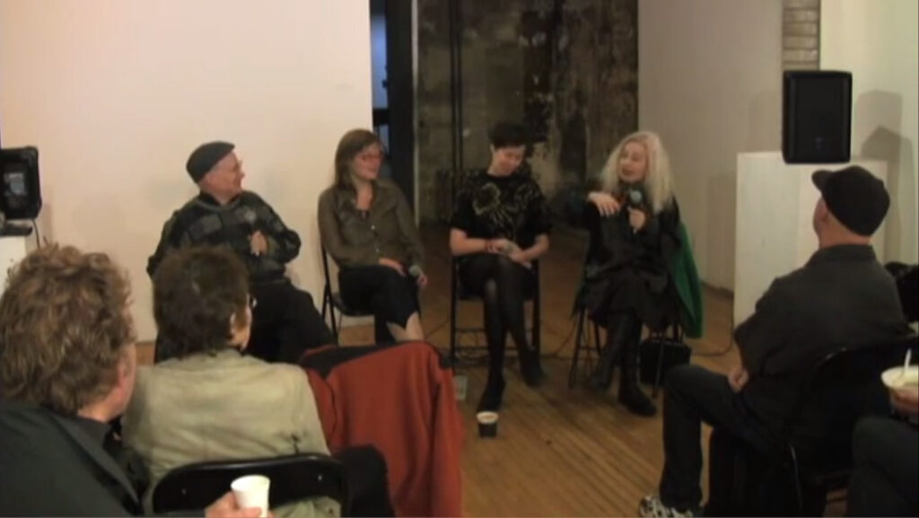 Moderator Andrew James Paterson, Agnes Nedregard, Teresa Dillon, Irma Optimist speak during Performance Art Daily, October 28, 2010 at Toronto Free Gallery