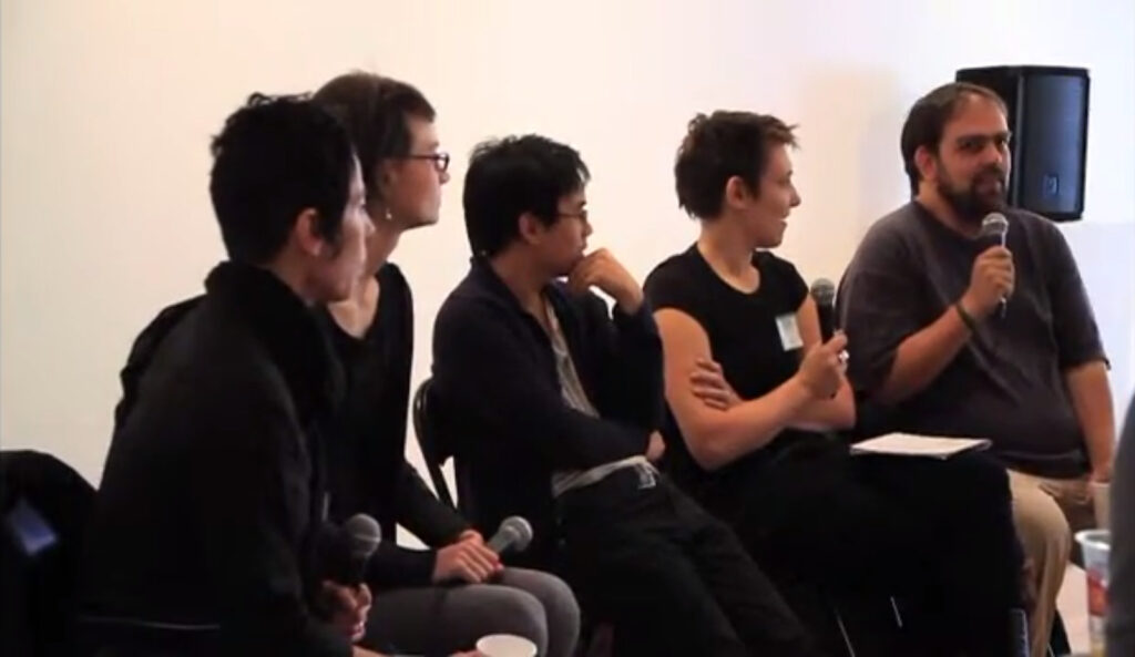 Martine Viale, Sara Létourneau, Francis O'Shaughnessy, moderator Bojana Videkanic, and Pancho López at Performance Art Daily talk, October 30 2010