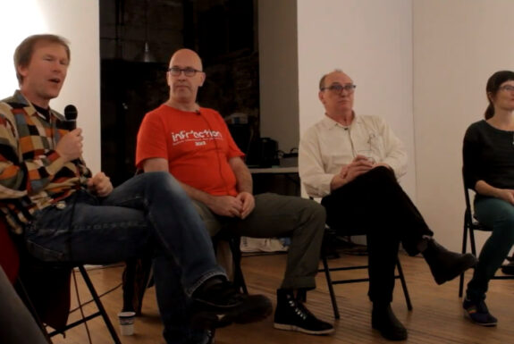 Moderator Paul Couillard, Jonas Stampe, Randy Gledhill and Miriam Ginestier at Performance Art Daily artist talk on October 24 2012