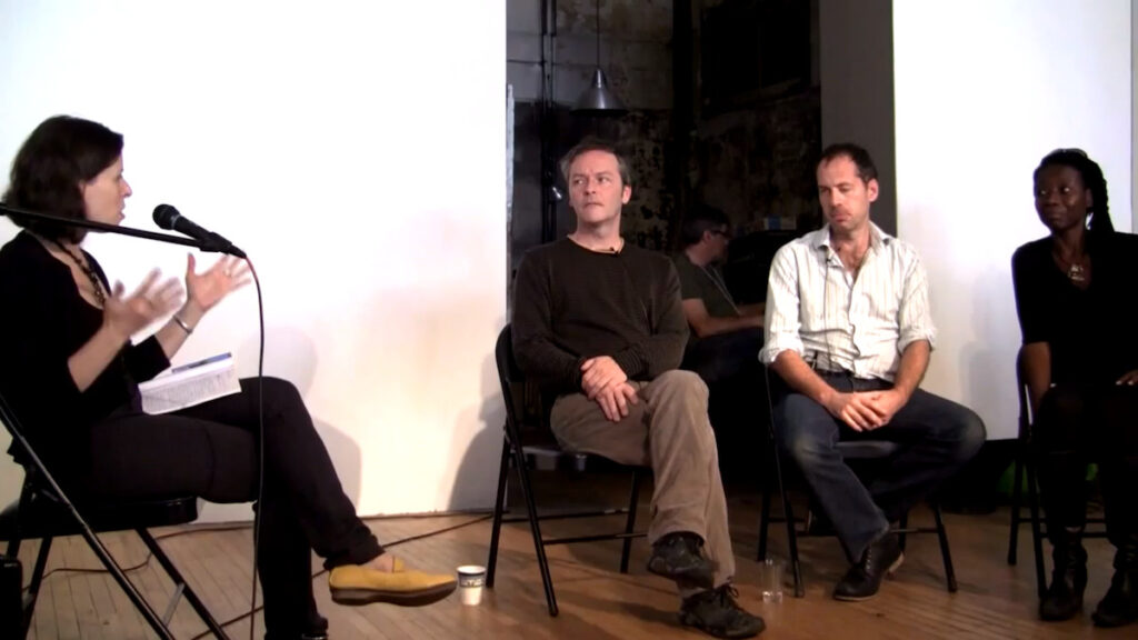 Moderator Jessica Wyman, Carl Bouchard, Martin Dufrasne, and Camille Turner at Performance Art Daily artist talk, October 25 2012