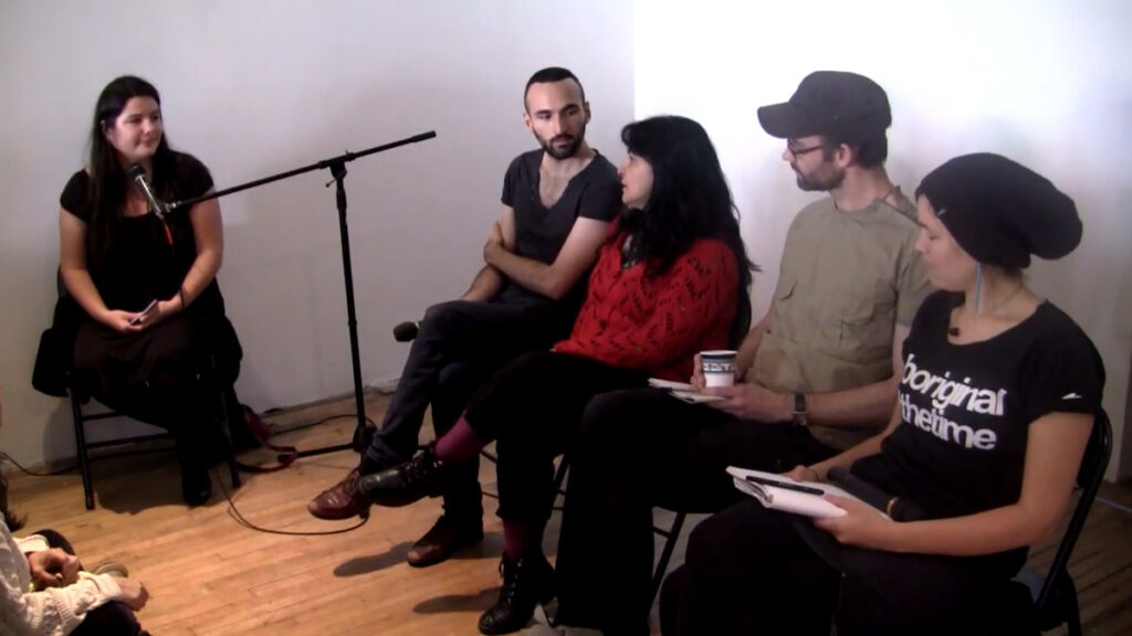 Moderator Wanda Nanibush, translator Francisco-Fernando Granados, Guadalupe Neves, Paul Hurley, and Maria Hupfield at Performance Art Daily October 26, 2012
