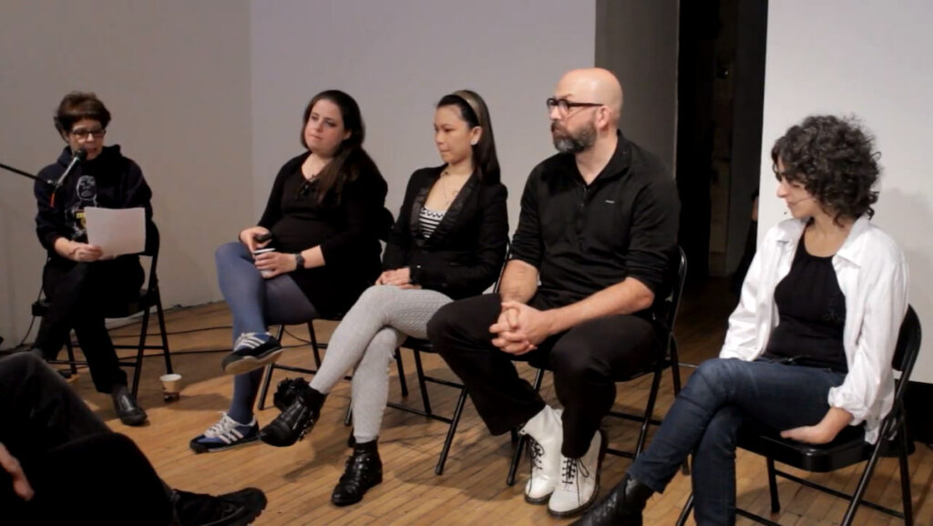 Moderator Johanna Householder, Patrycja German, Agnes Yit, Jeff Huckleberry, and Rachel Echenberg at Performance Art Daily artist talk, October 28 2012
