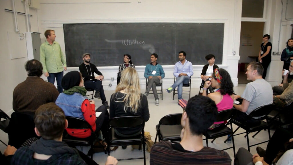 Moderator Francisco-Fernando Granados, Roberto de la Torre, Ali Al-Fatlawi & Wathiq Al-Ameri, and Serena Lee at the Performance Art Daily - Border Crossings artist panel October 29 2014