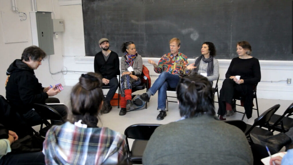 Translator Francisco-Fernando Granados, Aidana Maria Rico Chávez, moderator Paul Couillard, Berenicci Hershorn, and Linda Rae Dornan at Performance Art Daily - Language sound body artist panel October 30 2014