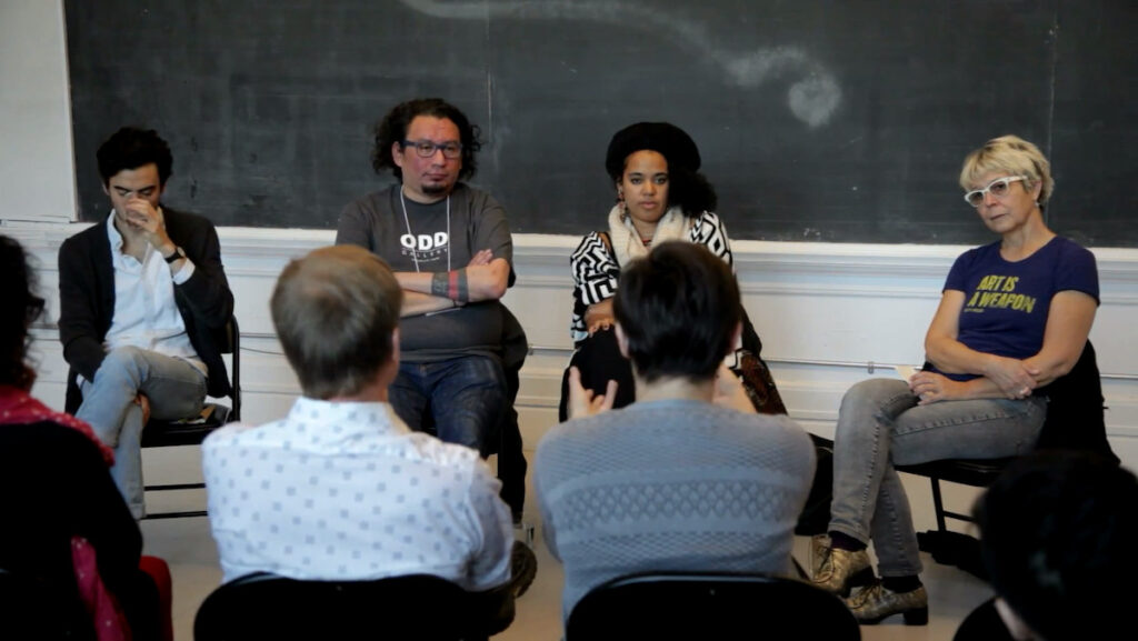 Didier Morelli, Terrance Houle, Nathalie Anguezomo Mba Bikoro, and moderator Johanna Householder at Performance Art Daily - Counter-historical narratives artist panel, November 2, 2014