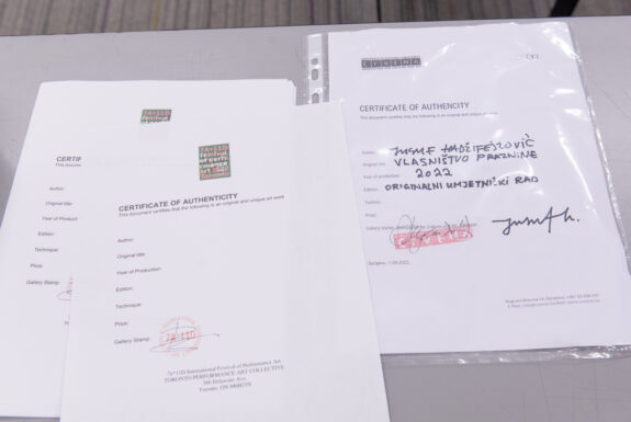 A certificate of authenticity signed and stamped by Jusuf Hadžifejzović for an item purchased at the Shop of Emptiness.